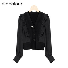 oldcolour秋季新款黑色高级V领长袖毛织短外套女P380501A1