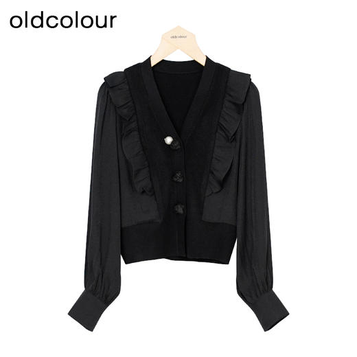 oldcolour秋季新款黑色高级V领长袖毛织短外套女P380501A1 商品图0