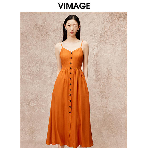 VIMAGE纬漫纪时尚露背时尚简约显瘦吊带橙色连衣裙秋新款V2207817 商品图0