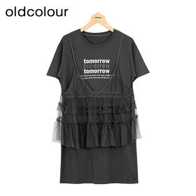 oldcolour夏季新款休闲等背带拼接假两件短袖连衣裙女GP21101800