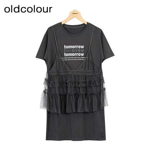 oldcolour夏季新款休闲等背带拼接假两件短袖连衣裙女GP21101800 商品图0