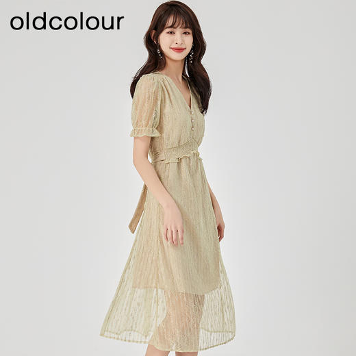 oldcolour2023夏季新款网纱蕾丝V领高腰显瘦A字连衣裙O22101216 商品图4