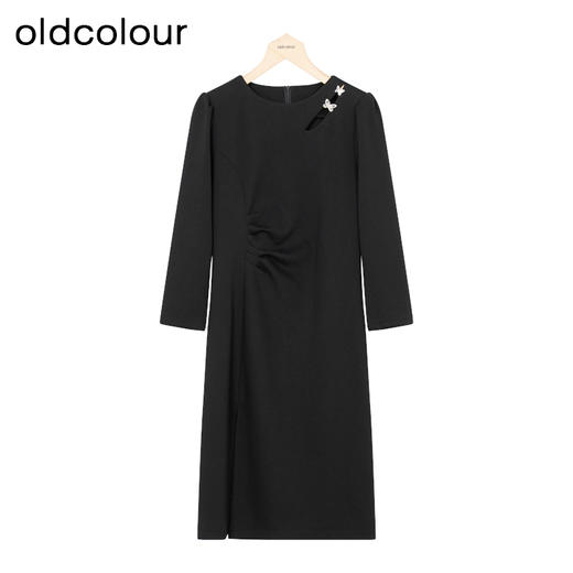 oldcolour秋季新款不规则收腰时尚修身纯色长袖连衣裙女P381014A1 商品图0