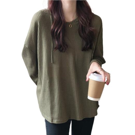 【洋气薄款宽松连帽T恤衫】春秋季 嘻哈风华夫格纯色女生长袖上衣服 商品图4