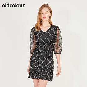 oldcolour春季V领撞色时尚收腰网纱气质中袖连衣裙N13102318