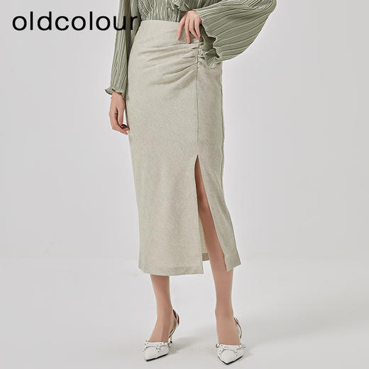 oldcolour2023春季新款高腰气质包臀抽褶开叉半身裙女HO14063423 商品图1