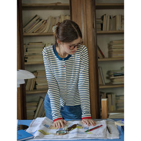 SimpleRetro巴黎阅读室 小撞色！chic简约条纹针织开衫女修身百搭