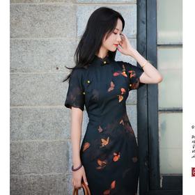 【浮蝶】黑色缎面提花印花旗袍新中式复古民国风蝴蝶元素气质日常