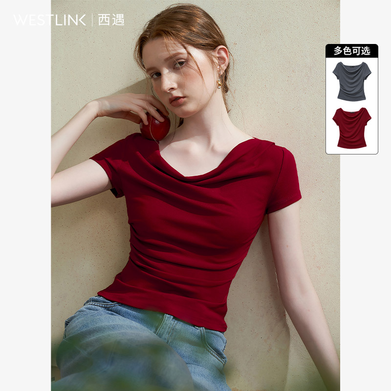 【限时折扣】慵懒感基础款短袖T恤女通勤风荡领一字肩两穿上衣V0050554
