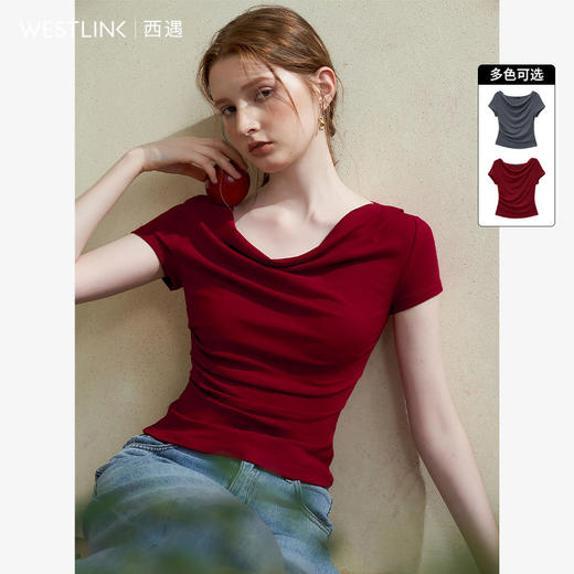 【限时折扣】慵懒感基础款短袖T恤女通勤风荡领一字肩两穿上衣V0050554 商品图0