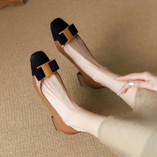 【预售5天】牛皮小香风粗跟真皮单鞋女2024新款气质拼色浅口法式中跟鞋女YS&A1154 商品图5