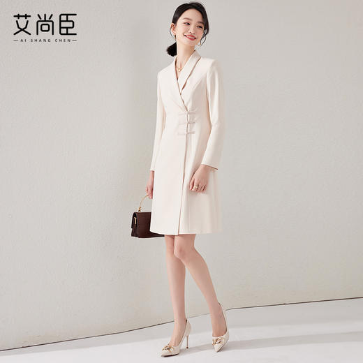 艾尚臣气质主持人长袖青果领连衣裙正式场合正装新中式小A裙盘扣 商品图5