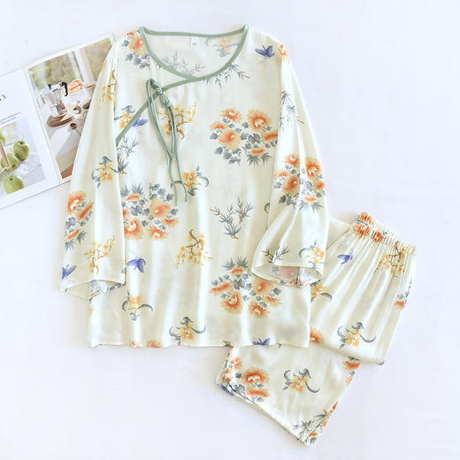 雀说贡缎棉绸睡衣女春夏中式盘扣家居服套装薄款印花空调服中国风AL 商品图6
