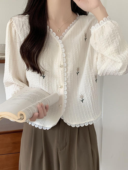 【V领短款长袖刺绣花朵小开衫】秋季韩系减龄百搭宽松显瘦小个子上衣 商品图2