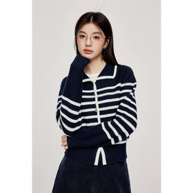 【严选】诗凡黎留白感条纹翻领针织开衫2024秋新款宽松洋气肌理感上衣外套SF8131251