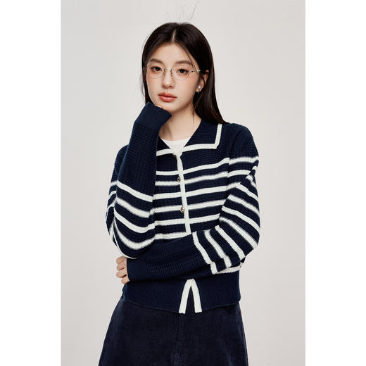 【严选】诗凡黎留白感条纹翻领针织开衫2024秋新款宽松洋气肌理感上衣外套SF8131251 商品图0