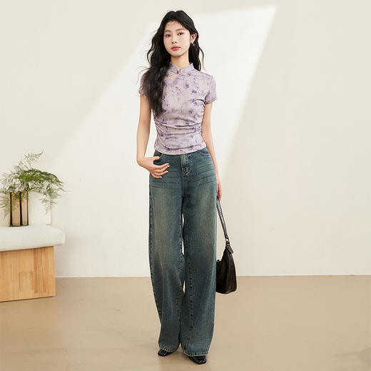 西遇紫色新中式古风设计短袖女新款纯棉透气舒适咖色T恤10740174/V0050549 商品图4