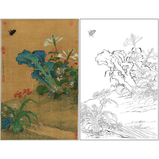 文俶花鸟工笔画白描底稿《秋花蛱蝶图》临摹勾线高清打印稿MD23 商品图0