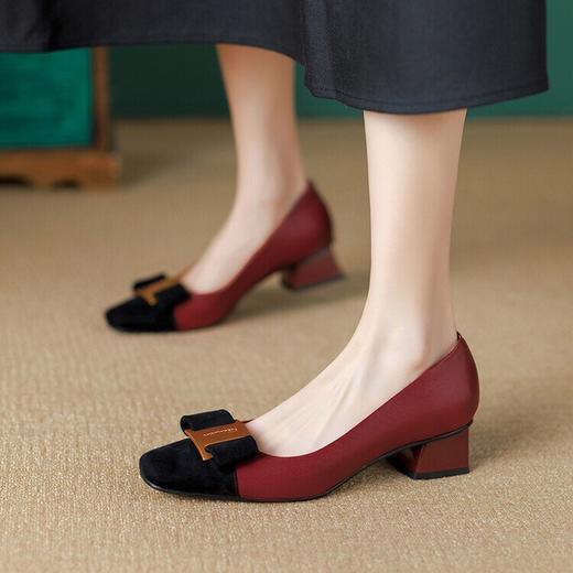 【预售5天】牛皮小香风粗跟真皮单鞋女2024新款气质拼色浅口法式中跟鞋女YS&A1154 商品图2
