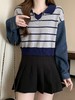 【短款拼接牛仔长袖针织衫】秋季新款撞色条纹V领宽松显瘦上衣小衫 商品缩略图3