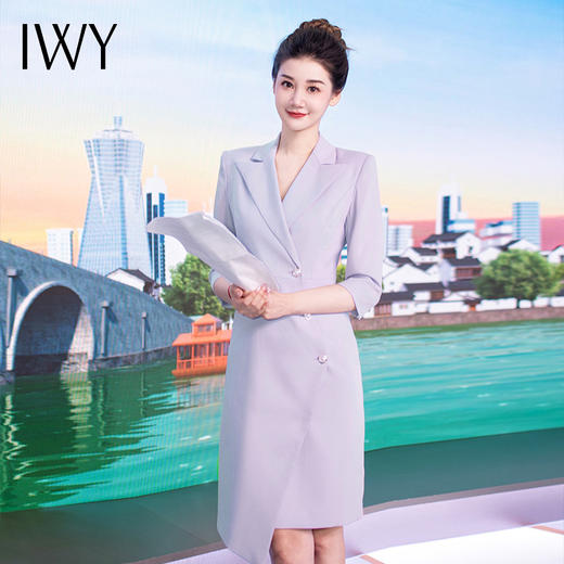 IWY/气质名媛紫色连衣裙女七分袖播音主持人正装修身演讲艺考播音Q1139 商品图2