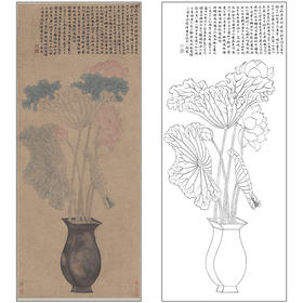 沈周花鸟工笔画白描底稿博古《瓶荷图》临摹勾线高清打印稿MD19