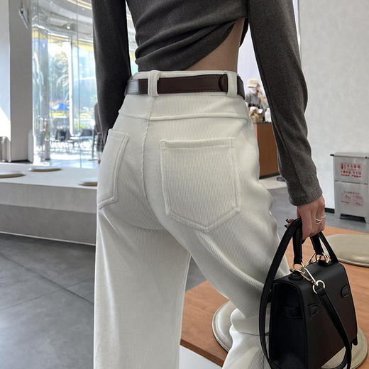 百媚生 雪尼尔窄版阔腿裤女高腰垂感休闲西装保暖直筒裤（不含腰带） L602 商品图2