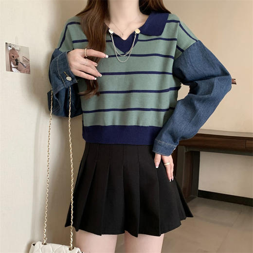 【短款拼接牛仔长袖针织衫】秋季新款撞色条纹V领宽松显瘦上衣小衫 商品图7