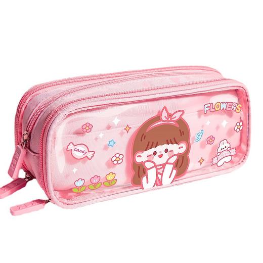 【3层笔袋！大容量】透明的笔袋，收纳更便利；超大容量，随心存储；帆布材质，耐用防脏；加上可爱卡通女孩，童趣十足！ 商品图4