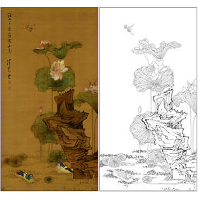 陈洪绶花鸟工笔画白描底稿《荷花鸳鸯图》临摹勾线高清打印稿MD03