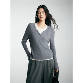 棉仓356635001-假两件小V领打底衫