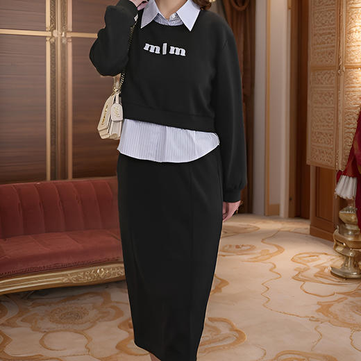 8/16奢姿2024秋季新款大码女装减龄套装胖妹妹拼接上衣气质半裙两件套9944926745 商品图2