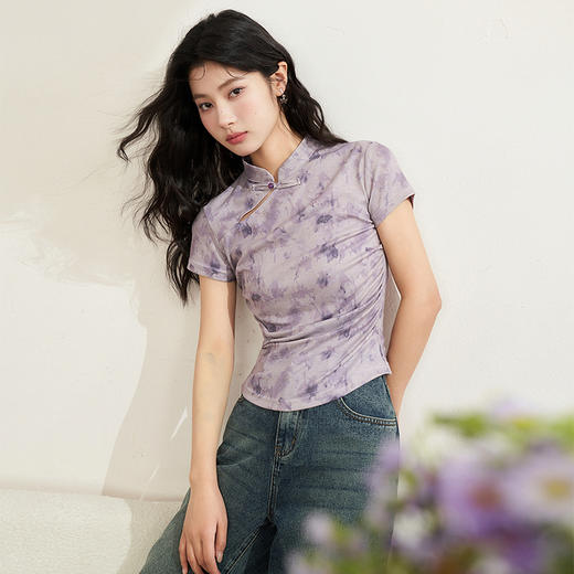 西遇紫色新中式古风设计短袖女新款纯棉透气舒适咖色T恤10740174/V0050549 商品图6