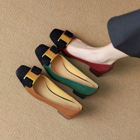 【预售5天】牛皮小香风粗跟真皮单鞋女2024新款气质拼色浅口法式中跟鞋女YS&A1154