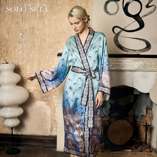 Solo seta22姆米重磅真丝睡袍女桑蚕丝凉感双门襟印花睡衣丝绸 商品图0
