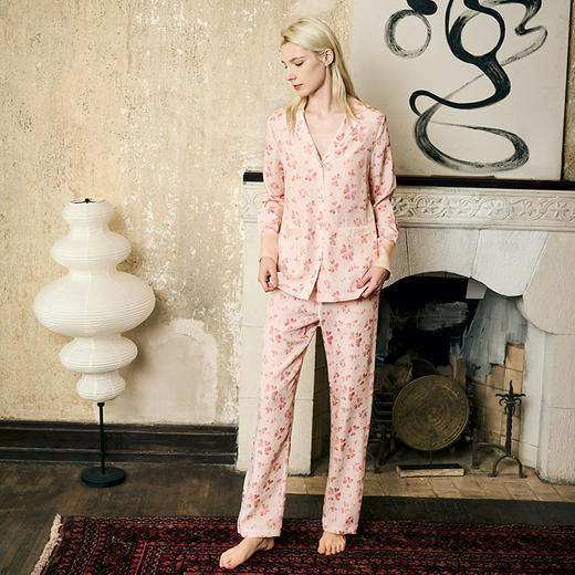 Solo seta真丝印花睡衣套装桑蚕丝长袖长裤提花家居服女丝绸凉感 商品图4