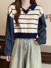 【短款拼接牛仔长袖针织衫】秋季新款撞色条纹V领宽松显瘦上衣小衫 商品缩略图2