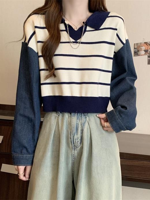 【短款拼接牛仔长袖针织衫】秋季新款撞色条纹V领宽松显瘦上衣小衫 商品图2