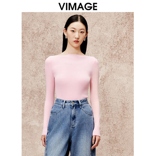 VIMAGE纬漫纪简约干净修身显瘦粉色长袖针织衫秋季新款V2201802 商品图4