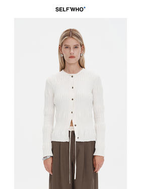 SELFWHO针织开衫女长袖秋2024新款波浪肌理修身显瘦圆领短款上衣