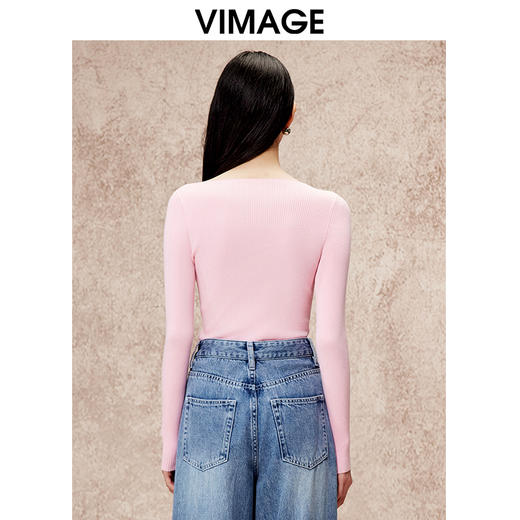 VIMAGE纬漫纪简约干净修身显瘦粉色长袖针织衫秋季新款V2201802 商品图3