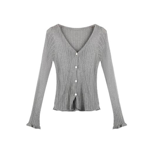 【纯欲风V领坑条长袖针织开衫】秋季新款薄款修身显瘦打底衫 时尚百搭 轻松驾驭秋季穿搭 商品图4