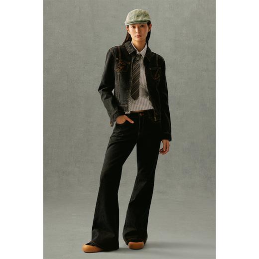 GOODBAI G.B logo膝盖刺绣微喇牛仔高腰长裤 商品图0