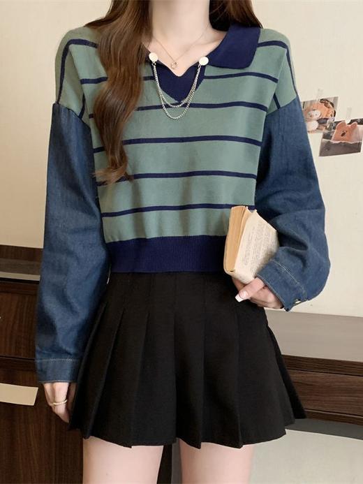 【短款拼接牛仔长袖针织衫】秋季新款撞色条纹V领宽松显瘦上衣小衫 商品图4