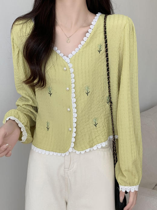 【V领短款长袖刺绣花朵小开衫】秋季韩系减龄百搭宽松显瘦小个子上衣 商品图4