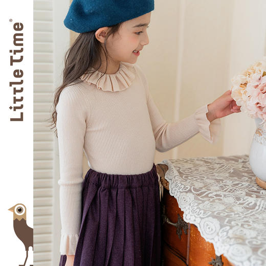 littletime童装法式学院风花边翻领长袖针织羊毛衫女秋款经典上衣 商品图0