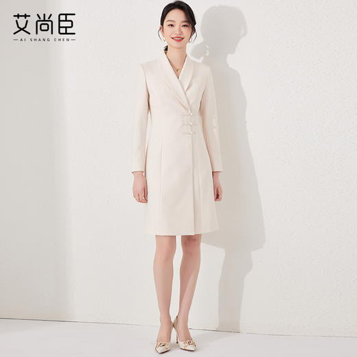 艾尚臣气质主持人长袖青果领连衣裙正式场合正装新中式小A裙盘扣 商品图0