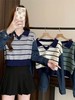 【短款拼接牛仔长袖针织衫】秋季新款撞色条纹V领宽松显瘦上衣小衫 商品缩略图0