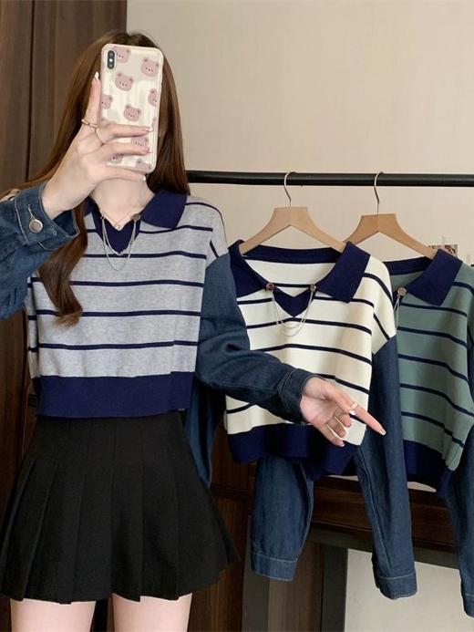 【短款拼接牛仔长袖针织衫】秋季新款撞色条纹V领宽松显瘦上衣小衫 商品图0