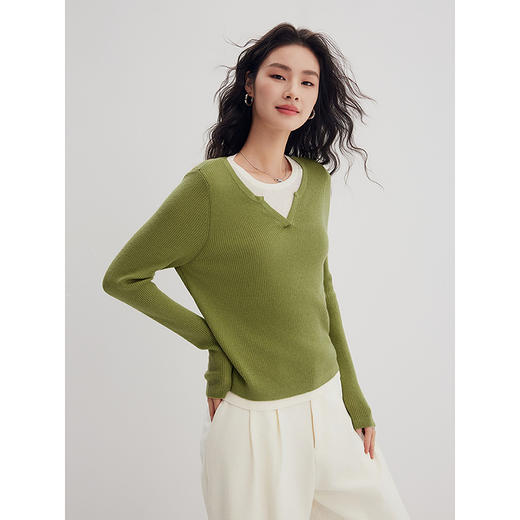 棉仓356635001-假两件小V领打底衫 商品图1